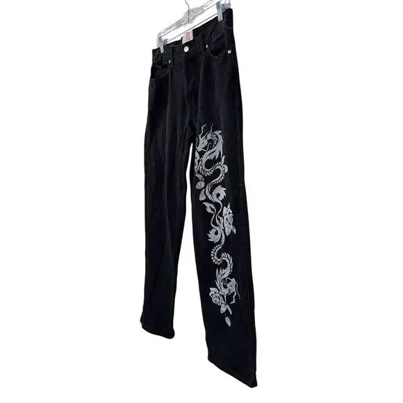 REVICE Women's Black Denim Straight Leg Rose & Dragon Jeans Button Fly 28 - Picture 3 of 8